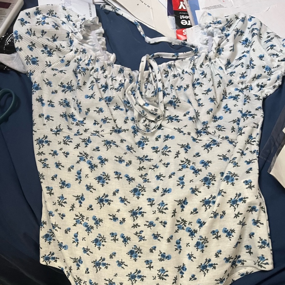 Floral White and Blue Bodysuit Shein xl